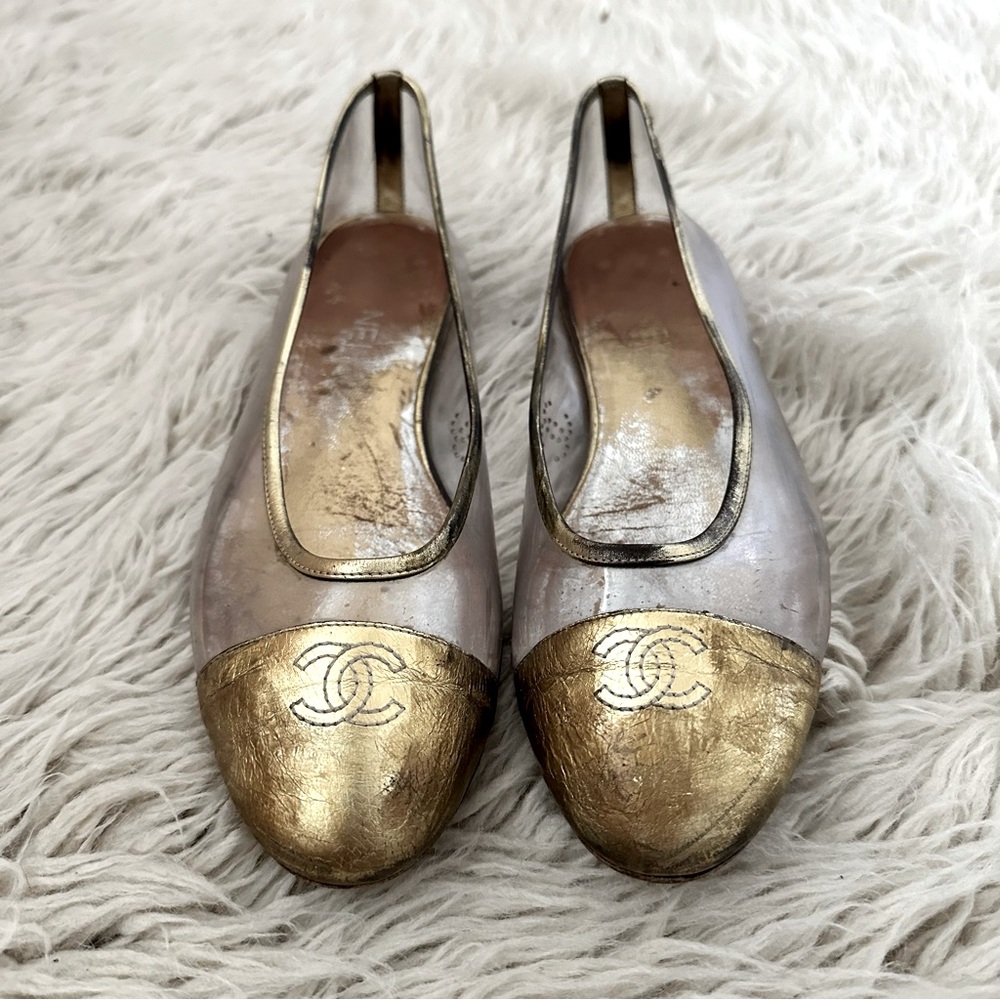 Chanel Gold Leather and Plastic Ballet Flats, Size 40 1/2 (US 10)